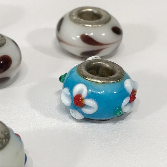 925 Sterling Silver Lampwork Art Glass Pandora Style Beads Lot Set 7 Charms - Picture 5 of 7